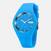 Montre femme minimaliste boitier et bracelet en silicone bleu ciel horlogerie en acier inoxydable
