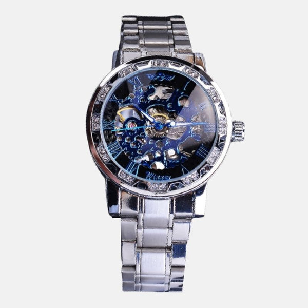 Montre homme boitier 40mm et bracelet acier inoxydable et cadran acier mouvement automatique verre hardlex cadran lumineux bleu 