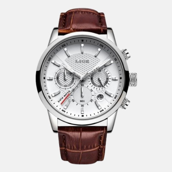Montre homme boitier horlogerie quartz acier inoxydable cadran blanc verre hardlex toutes les fonctions utiles lumineuse phase lune étanche bracelet cuir nature