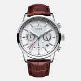 Montre homme boitier horlogerie quartz acier inoxydable cadran blanc verre hardlex toutes les fonctions utiles lumineuse phase lune étanche bracelet cuir nature