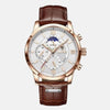 Montre homme boitier horlogerie quartz acier inoxydable cadran doré verre hardlex toutes les fonctions utiles lumineuse phase lune étanche bracelet cuir nature