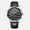 Montre homme boitier acier horlogerie quartz acier inoxydable cadran noir verre hardlex toutes les fonctions utiles lumineuse phase lune étanche bracelet cuir noir