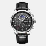 Montre homme boitier acier horlogerie quartz acier inoxydable cadran noir verre hardlex toutes les fonctions utiles lumineuse phase lune étanche bracelet cuir noir
