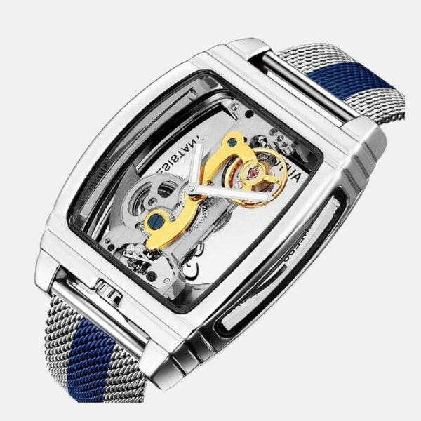 Montre homme femme boitier acier inoxydable doré cadran horlogerie visible bracelet acier  avec un e bande bleu au centre et autour du bracelet