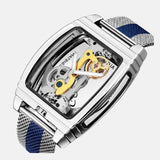 Montre homme femme boitier acier inoxydable doré cadran horlogerie visible bracelet acier  avec un e bande bleu au centre et autour du bracelet