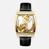 Montre homme femme boitier acier inoxydable doré cadran horlogerie visible bracelet cuir noir 
