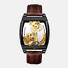 Montre homme femme boitier acier inoxydable noir cadran horlogerie visible bracelet cuir marron rouge