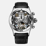 Montre homme horlogerie acier inoxydable quartz automatique boitier acier cadran acier étanche 5bars dimensions 45mm 25mm bracelet cuir noir