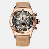 Montre homme horlogerie acier inoxydable quartz automatique boitier doré or rose cadran noir étanche 5bars dimensions 45mm 25mm bracelet cuir clair