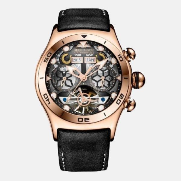 Montre homme horlogerie acier inoxydable quartz automatique boitier doré or rose cadran noir étanche 5bars dimensions 45mm 25mm bracelet cuir noir