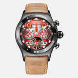 Montre homme horlogerie acier inoxydable quartz automatique boitier noir cadran rouge étanche 5bars dimensions 45mm 25mm bracelet cuir clair