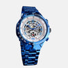 Montre homme mécanique auto-vent automatique verre hardlex cadran blanc inoxydable étanche 3 bars boitier bracelet acier inoxydable bleu roi toutes fonctions 
