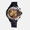 Montre homme mécanique auto-vent automatique verre hardlex cadran or inoxydable étanche 3 bars boitier bracelet acier inoxydable noir toutes fonctions