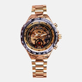 Montre homme mécanique auto-vent automatique verre hardlex cadran doré inoxydable étanche 3 bars boitier bracelet acier inoxydable doré extensible toutes fonctions