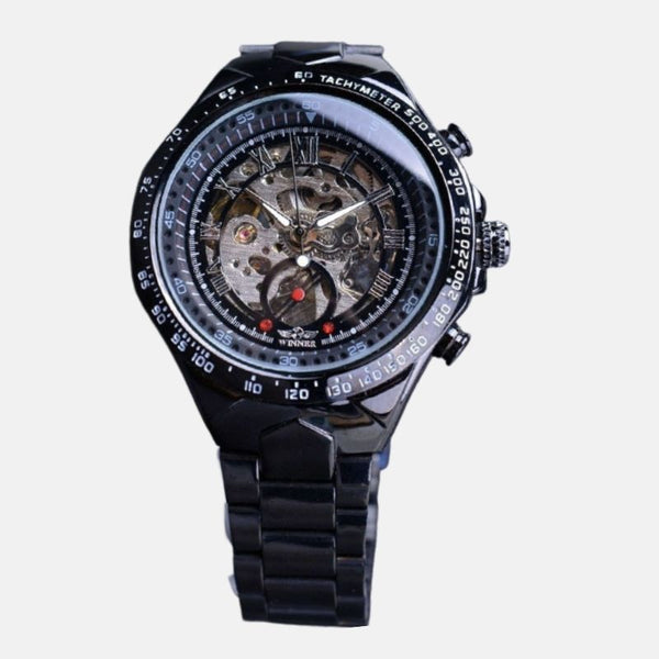 Montre homme mécanique auto-vent automatique verre hardlex cadran bllanc inoxydable étanche 3 bars boitier bracelet acier inoxydable noir toutes fonctions