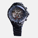Montre homme mécanique auto-vent automatique verre hardlex cadran bllanc inoxydable étanche 3 bars boitier bracelet acier inoxydable noir toutes fonctions