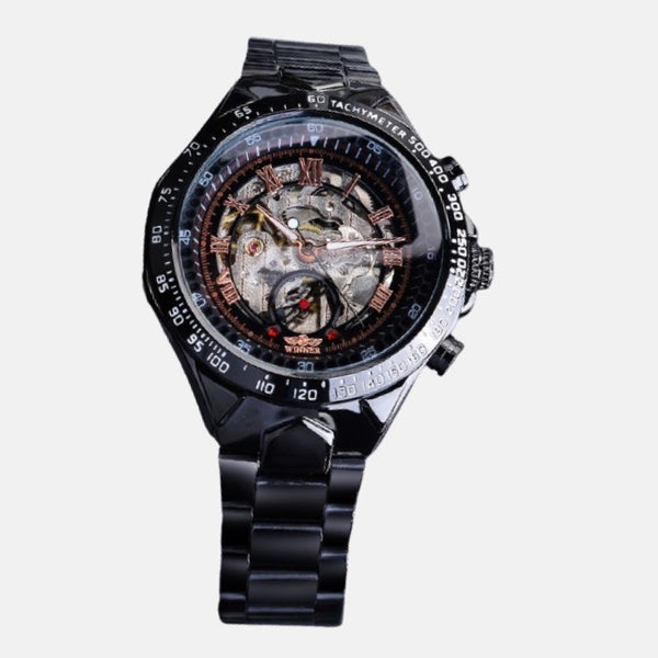 Montre homme mécanique auto-vent automatique verre hardlex cadran blanc inoxydable étanche 3 bars boitier bracelet acier inoxydable noir toutes fonctions