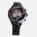 Montre homme mécanique auto-vent automatique verre hardlex cadran blanc inoxydable étanche 3 bars boitier bracelet acier inoxydable noir toutes fonctions