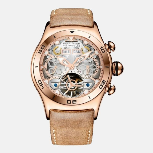 Montre homme horlogerie acier inoxydable quartz automatique boitier doré or rose cadran blanc étanche 5bars dimensions 45mm 25mm bracelet cuir clair