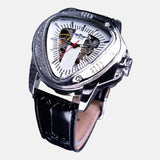 Montre homme triangulaire boitier 45mm inoxydable acier cadran acier automatique verres cristal étanche bracelet PUf  cuir noir