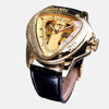 Montre homme triangulaire boitier 45mm inoxydable acier cadran acier automatique verres cristal étanche bracelet PUf cuir noir boitier couleur or