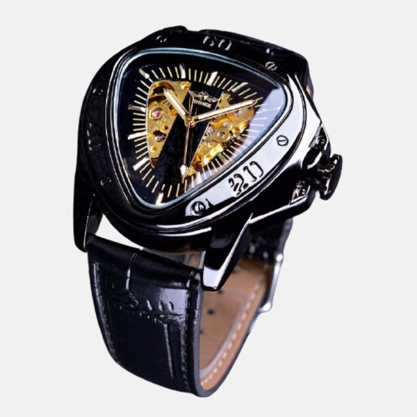 Montre homme triangulaire boitier 45mm inoxydable acier cadran acier automatique verres cristal étanche bracelet PUf cuir noir boitier noir cadran doré et noir