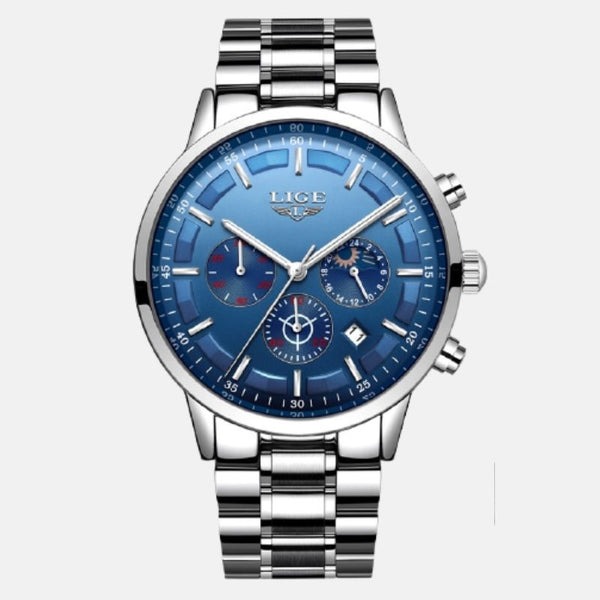  Montre horlogerie cadran bleu quartz 44m 10.5mm étanche 30m chronographe multiple dates lecture de nuit bracelet acier inoxydable acier extensif 23cm
