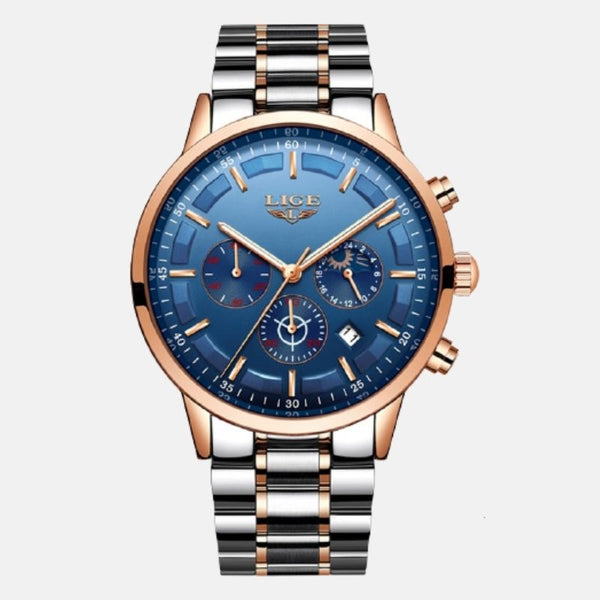  Montre horlogerie cadran bleu aiguille et heure doré or rose quartz 44m 10.5mm étanche 30m chronographe multiple dates lecture de nuit bracelet acier inoxydable acier et liserer doré or rose  extensif 23cm