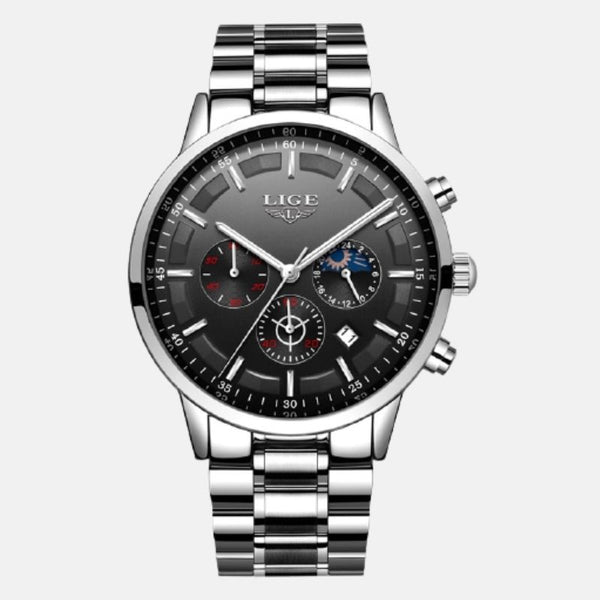 Montre horlogerie cadran noir aiguille et heure acier quartz 44m 10.5mm étanche 30m chronographe multiple dates lecture de nuit bracelet acier inoxydable acier extensif 23cm