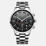  Montre horlogerie cadran noir aiguille et heure acier quartz 44m 10.5mm étanche 30m chronographe multiple dates lecture de nuit bracelet acier inoxydable acier extensif 23cm