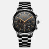  Montre horlogerie cadran noir quartz 44m 10.5mm étanche 30m chronographe multiple dates lecture de nuit bracelet acier inoxydable noir extensif 23cm