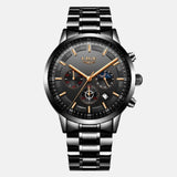  Montre horlogerie cadran noir quartz 44m 10.5mm étanche 30m chronographe multiple dates lecture de nuit bracelet acier inoxydable noir extensif 23cm