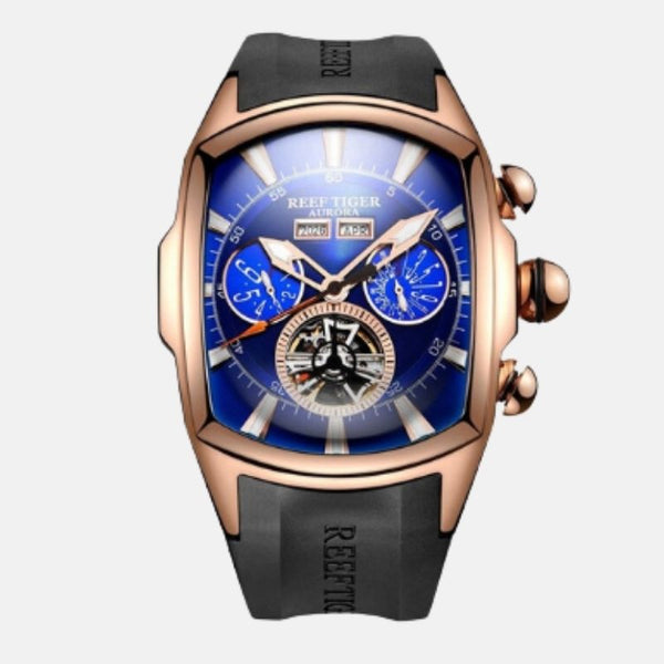 Montre acier inoxydable carrée rectangulaire homme bracelet silicone cadran couleur or rose fond de montre bleu de france