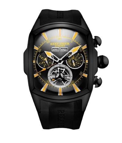 Montre acier inoxydable carrée rectangulaire homme bracelet silicone cadran couleur or rose fond de montre noir aiguille et heur jaune