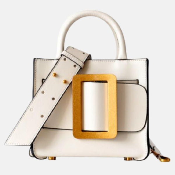 Sac à main de femme en cuir blanc fonce bandoulière à grande boucle doré