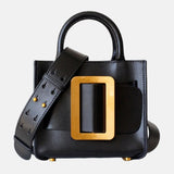 Sac à main de femme en cuir noir fonce bandoulière à grande boucle doré