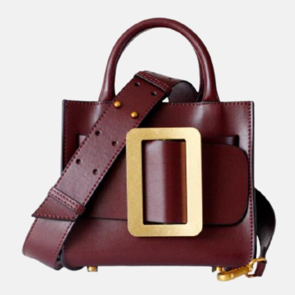 Sac à main de femme en cuir rouge bodeaux bandoulière à grande boucle doré