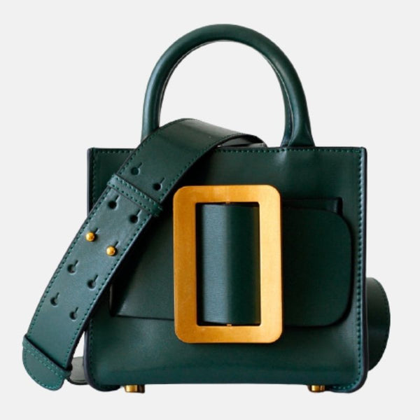 Sac à main de femme en cuir vert bouteille fonce bandoulière à grande boucle doré