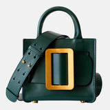 Sac à main de femme en cuir vert bouteille fonce bandoulière à grande boucle doré